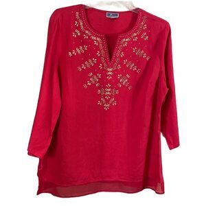 JM Collection Red/Orange Linen Tunic Top Size XL